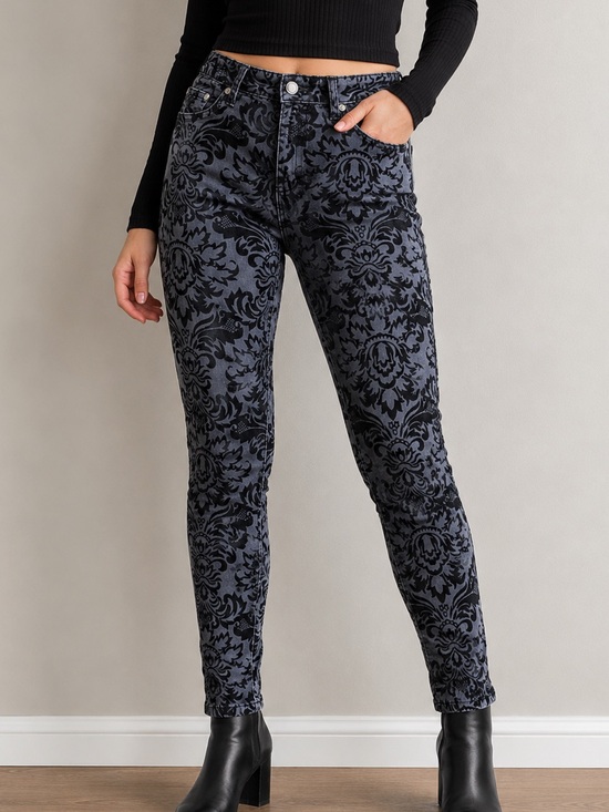Tru Luxe Jeans Denim - Tru Luxe Velvet Floral Skinny Jeans Women’s Size 8 Stretch Mid Rise Dark Grey